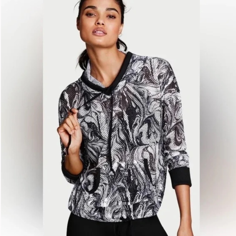 Victoria’s Secret Black & White Marble Swirl Mesh Sport Drawstring Hoodie S